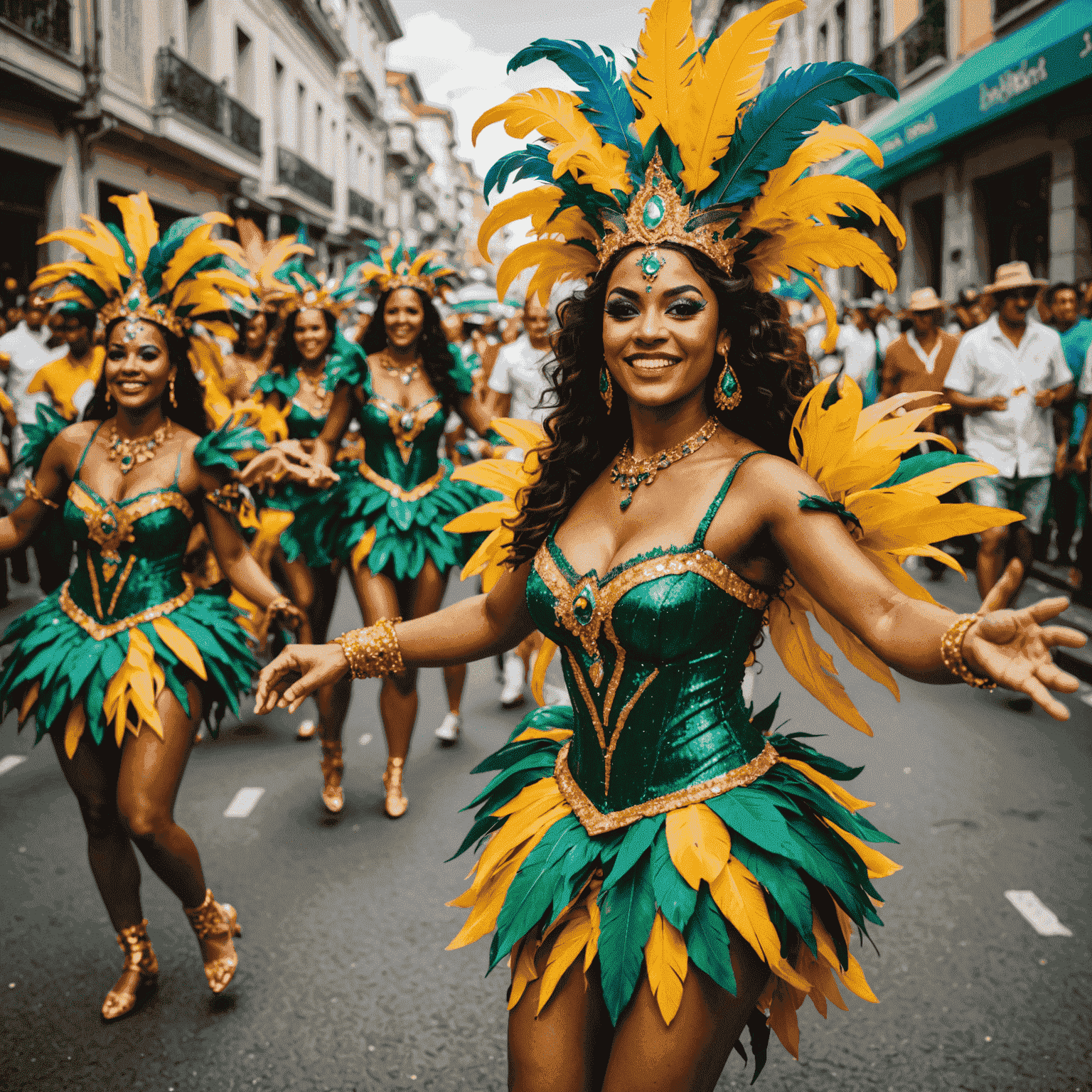 Rio Karnavalı'nda renkli kostümler giymiş dansçılar, sokakta samba yapıyor. Arka planda kalabalık ve coşkulu bir atmosfer var.