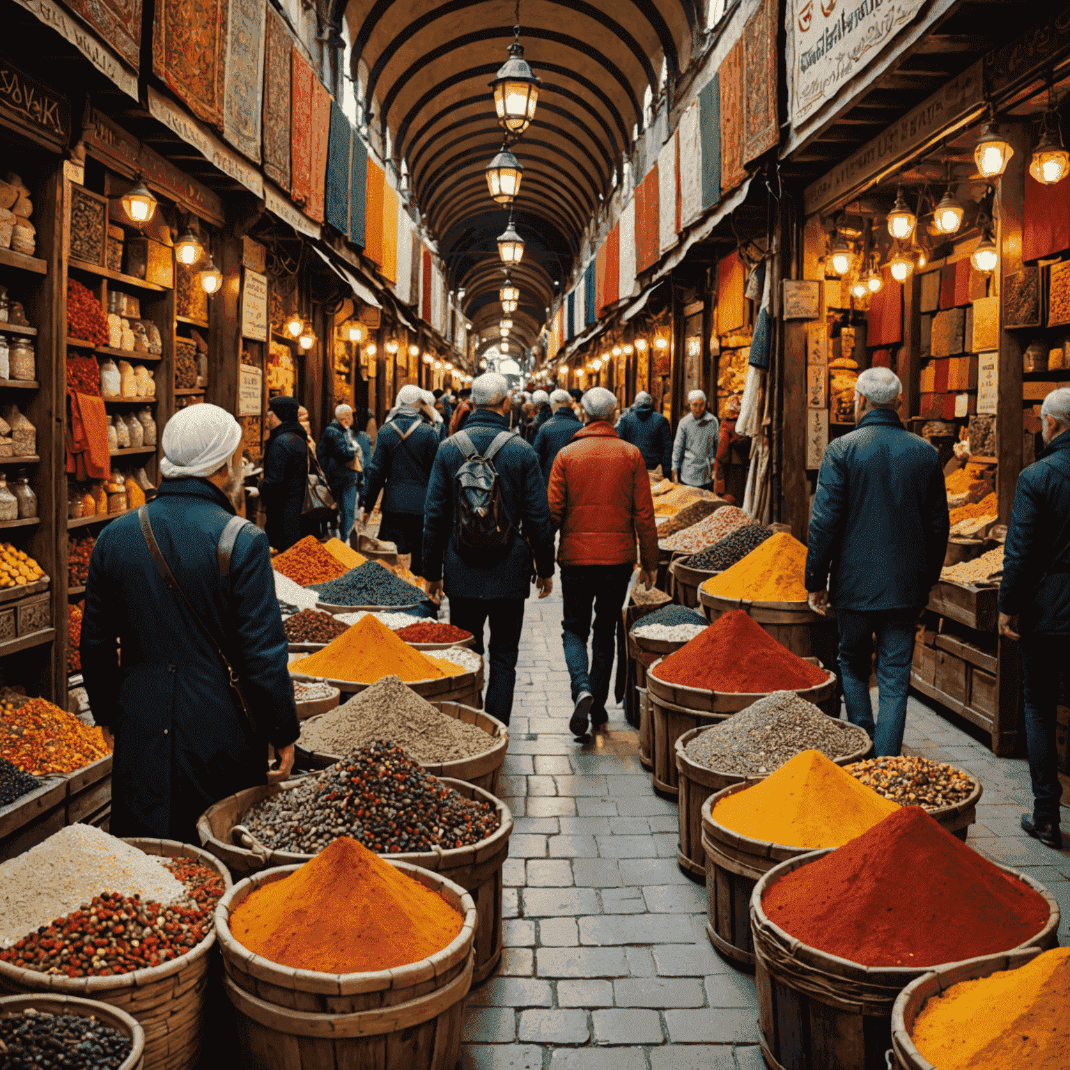 Tarihi bir Türk çarşısında renkli kumaşlar ve baharatlar arasında yürüyen turistler