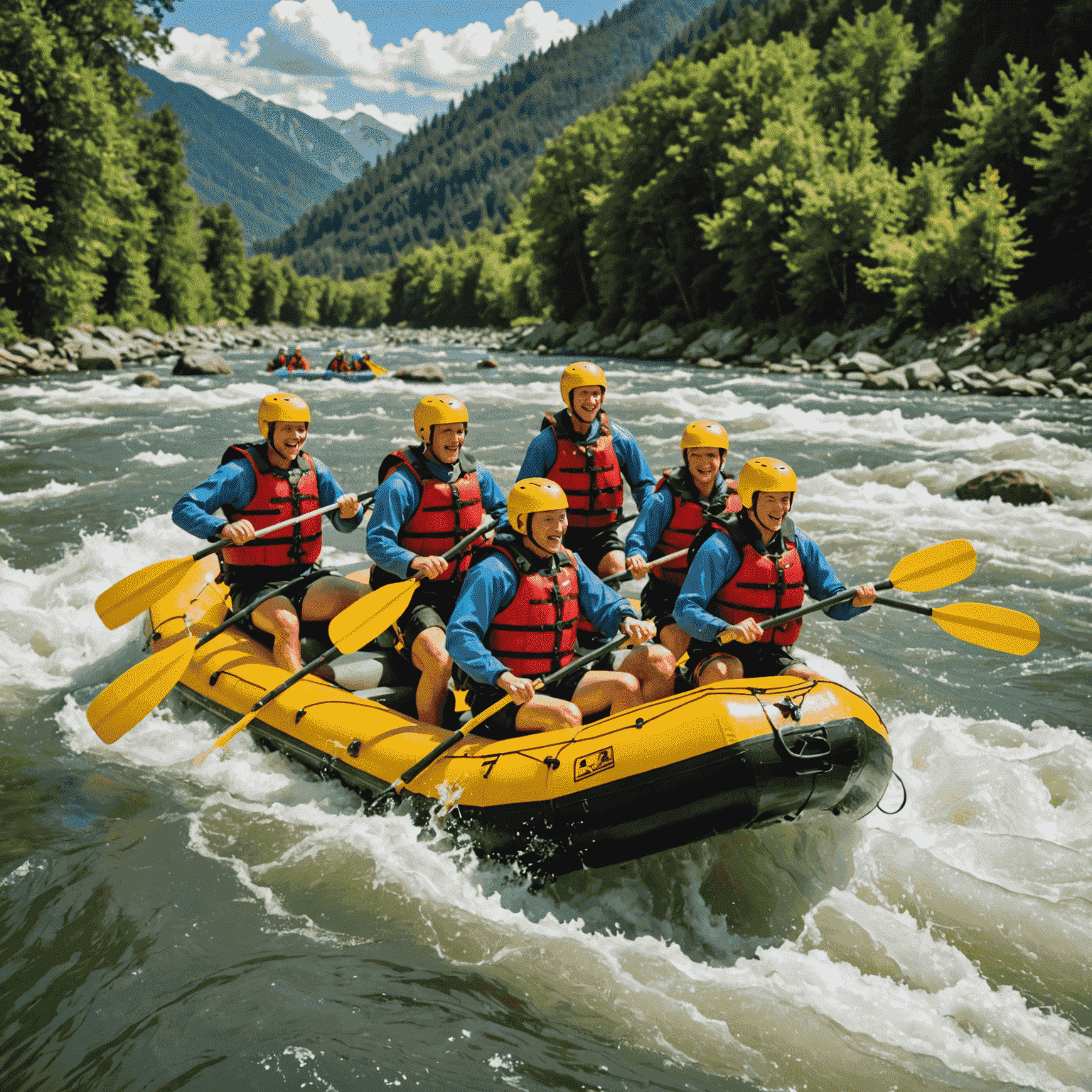 Rafting yapan heyecanlı bir grup, köpüklü nehir sularında