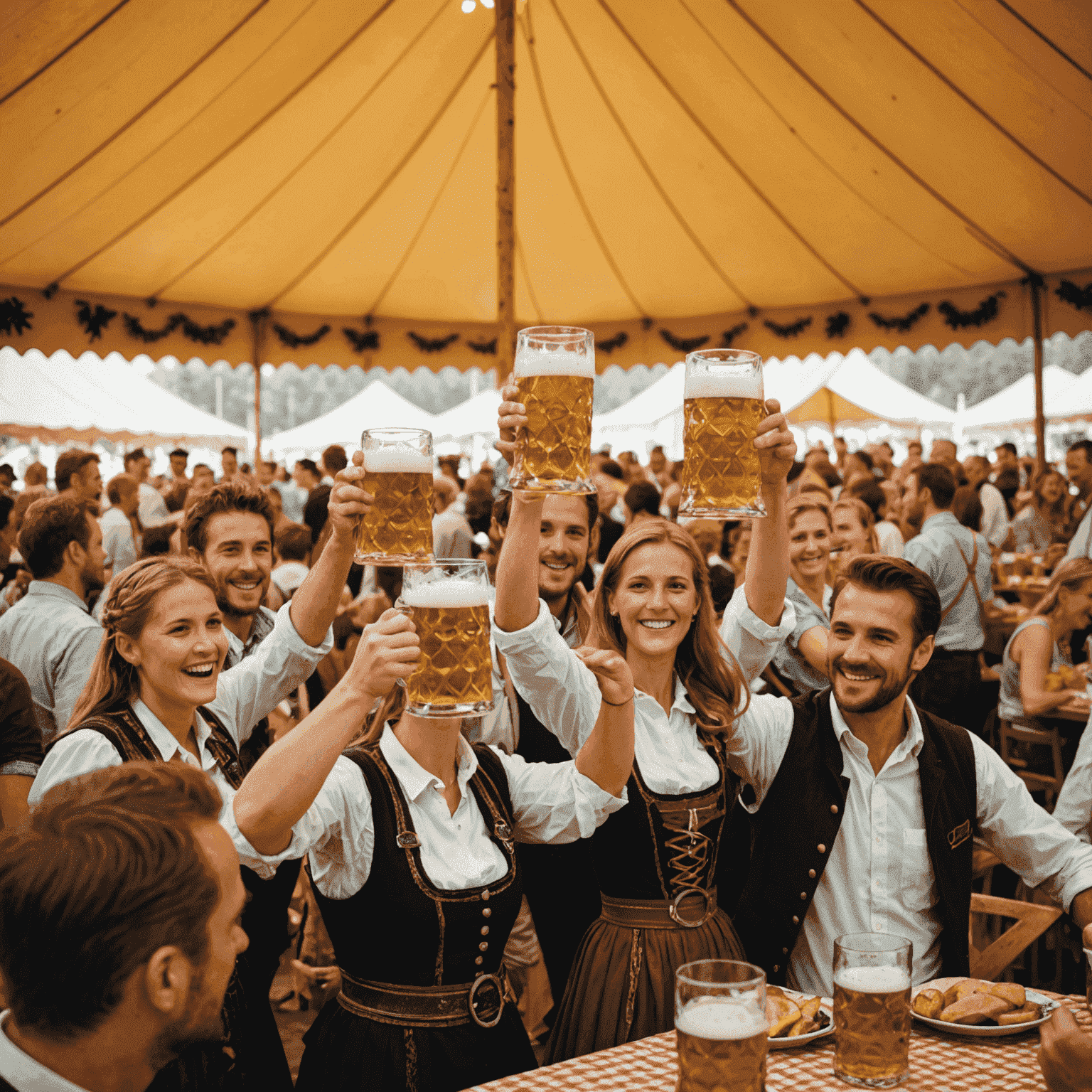 Oktoberfest'te büyük bir çadırın içi. Geleneksel Bavyera kıyafetleri giymiş insanlar büyük bira bardakları kaldırıyor, masalarda yemekler ve neşeli bir ortam var.