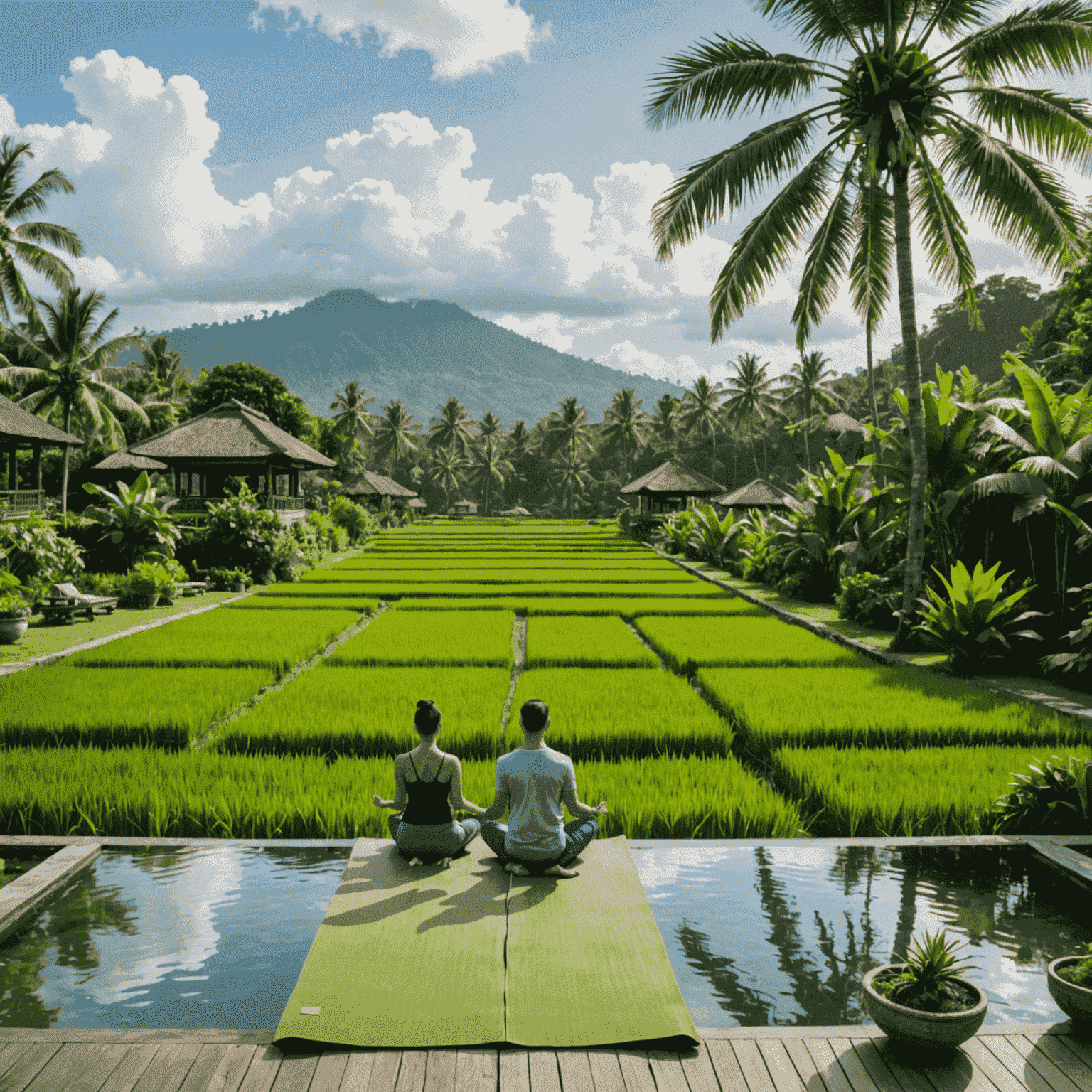 Bali'de yemyeşil pirinç tarlaları manzarası. Ön planda lüks bir villa havuzu kenarında yoga yapan yeni evli çift.