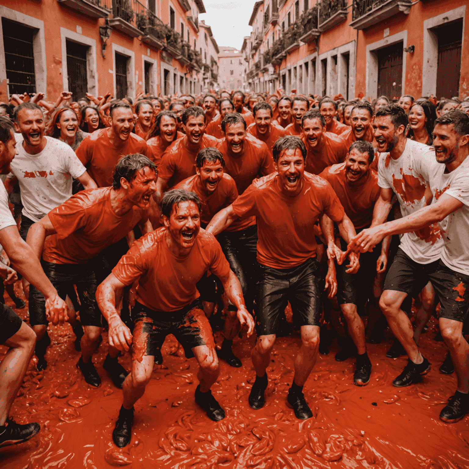 La Tomatina festivalinde domates savaşı yapan insanlar. Sokaklar ve insanlar kırmızıya boyanmış, herkes eğlenceli ve enerjik görünüyor.