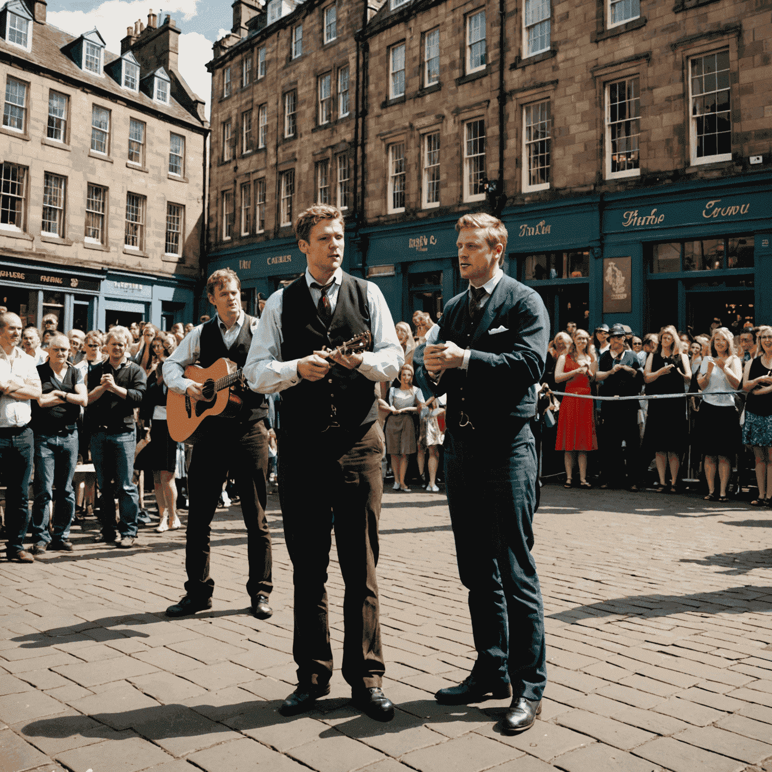 Edinburgh Fringe Festivali'nde sokak performansı yapan sanatçılar. Arka planda tarihi Edinburgh binaları, etrafta izleyici kalabalığı görünüyor.